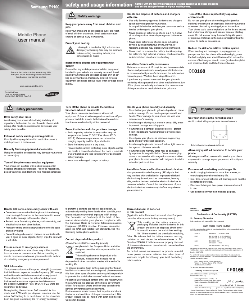 Page 1 de la notice Manuel utilisateur Samsung E1100