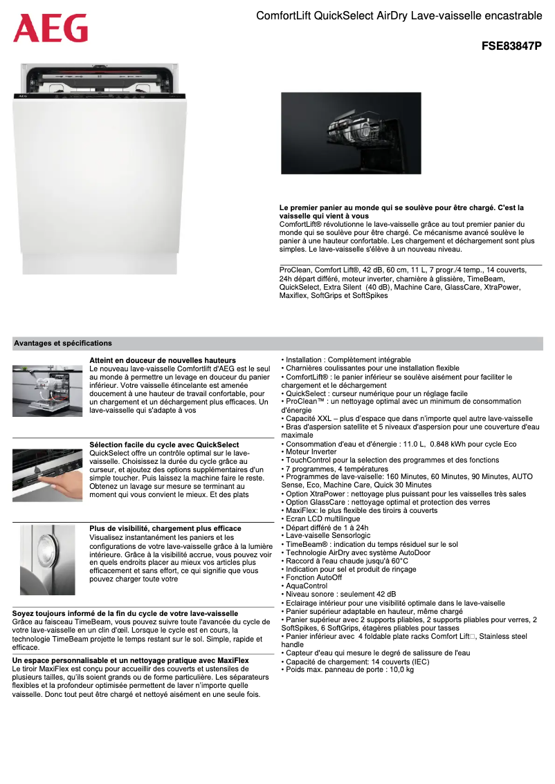 Page 1 de la notice Fiche technique AEG FSE83847P