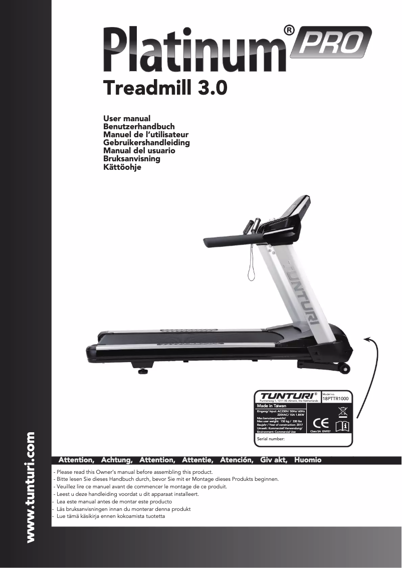 Page 1 de la notice Manuel utilisateur Tunturi Platinum PRO Treadmill 3.0
