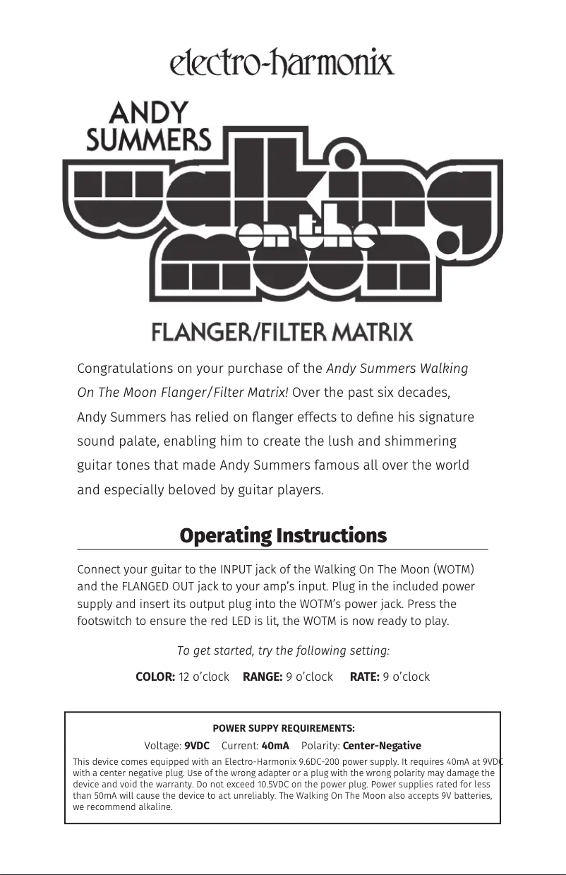 Page 1 de la notice Manuel utilisateur Electro Harmonix Andy Summers Walking On The Moon