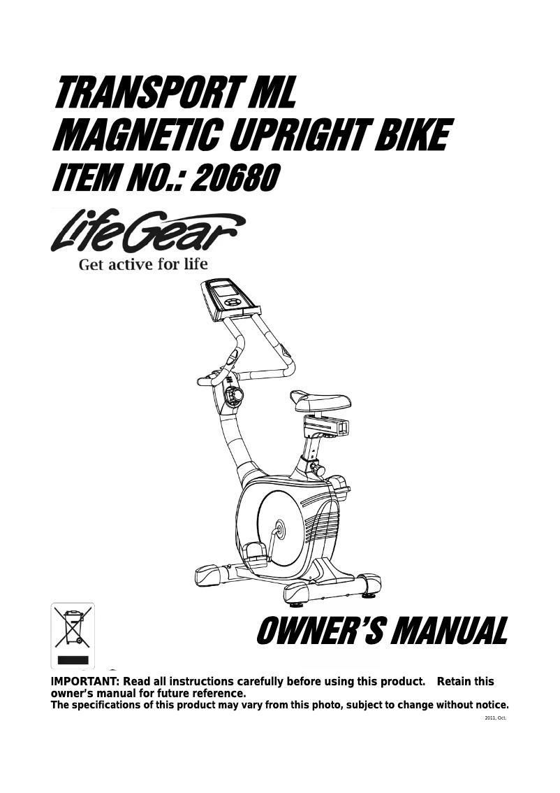 Page n°1 - Manuel utilisateur Life Gear Transport Magnetic Upright Bike 20680