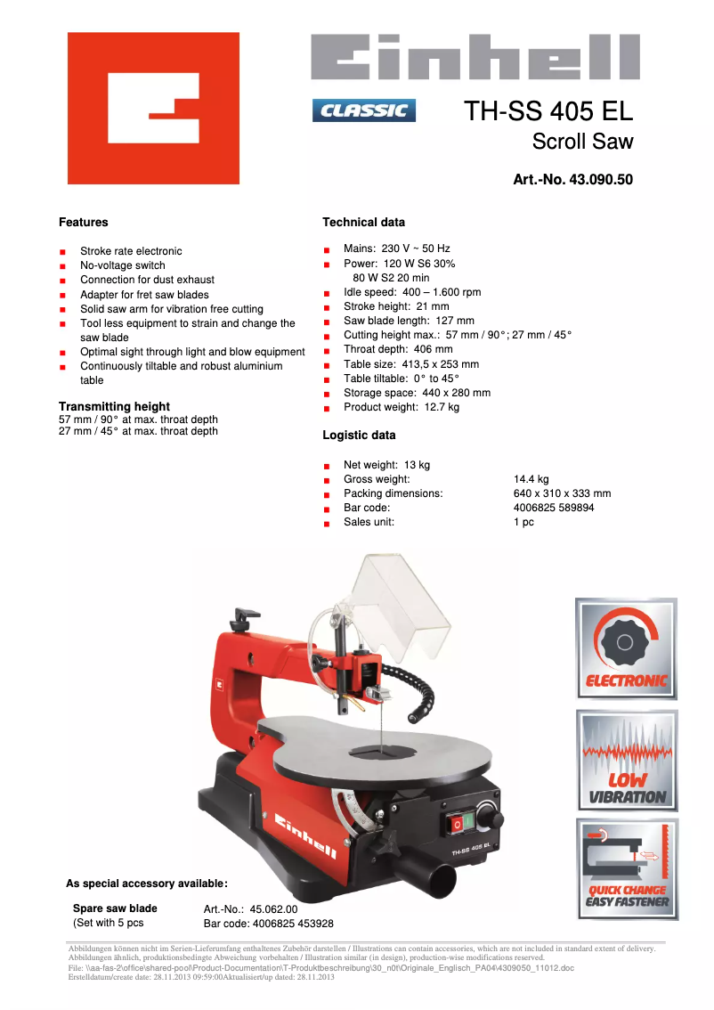 Page 1 de la notice Fiche technique Einhell TH-SS 405 EL