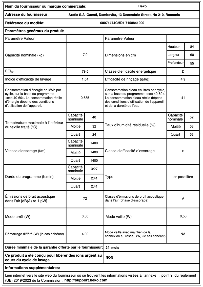 Page 1 de la notice Fiche technique Beko 60071474CHD1