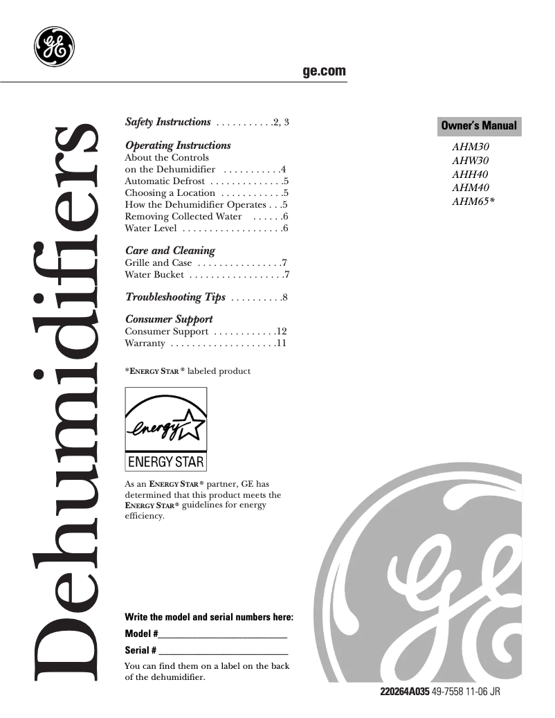 Page 1 de la notice Manuel utilisateur GE AHM65LK