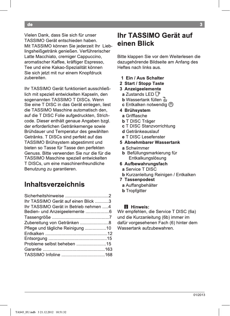 Page n°1 - Manuel utilisateur Bosch Tassimo TAS4303