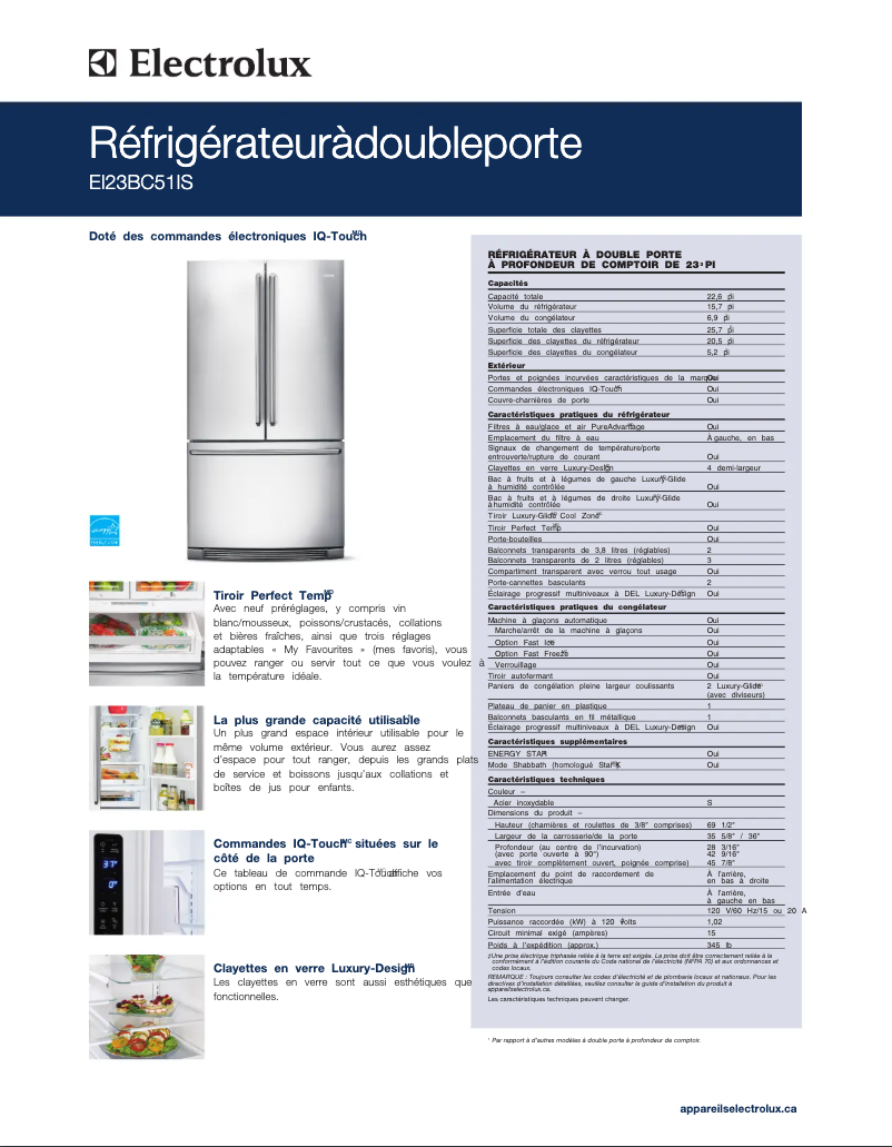 Page 1 de la notice Fiche technique Electrolux EI23BC51IB