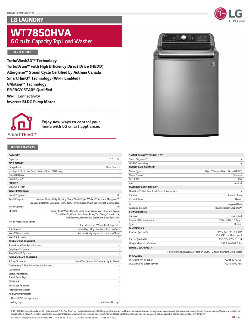 Page n°1 - Fiche technique LG WT7850HVA