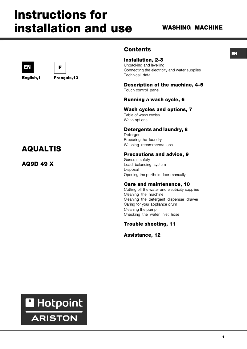Page 1 de la notice Manuel utilisateur Hotpoint Ariston AQ9D 49 X