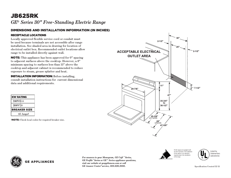Page 1 de la notice Fiche technique GE JB750SJSS