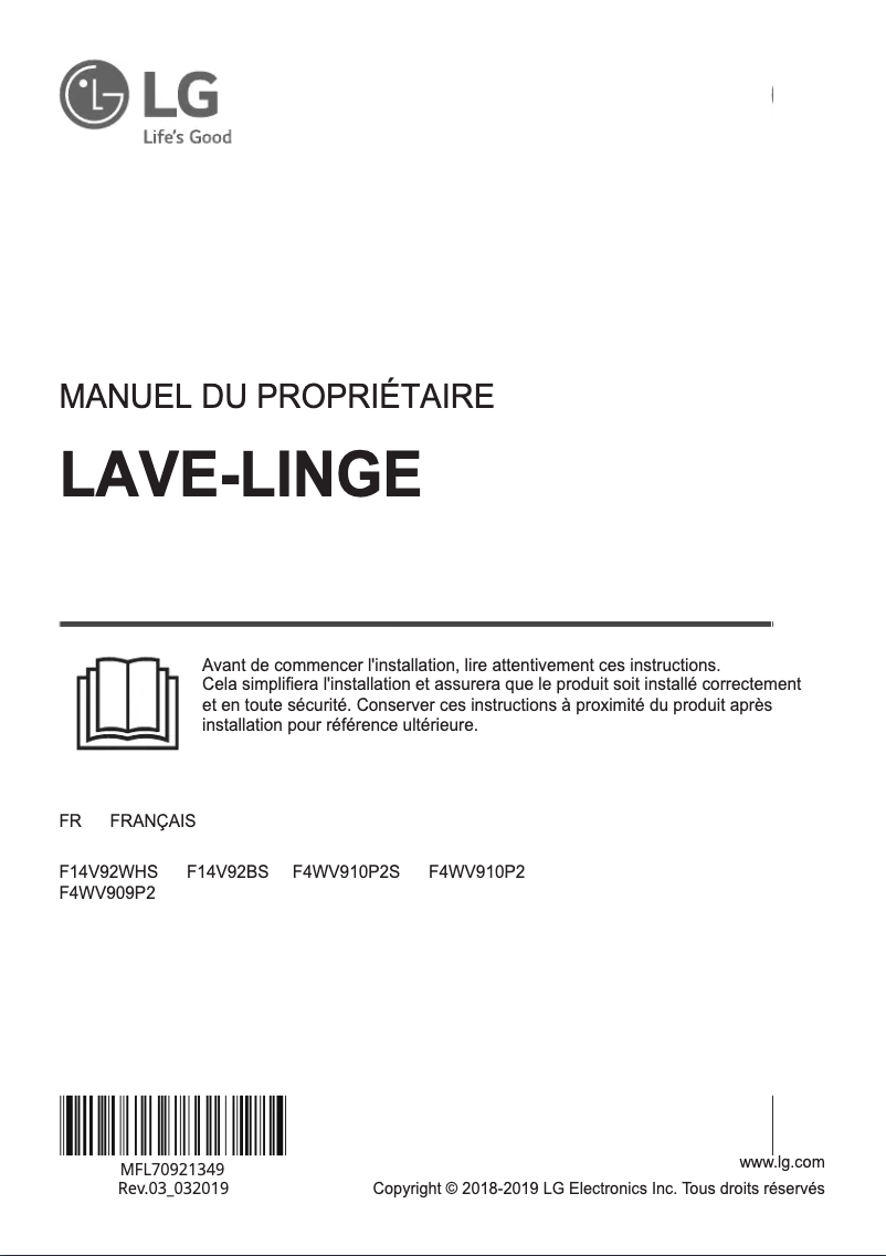 Page 1 de la notice Manuel utilisateur LG F4WV910P2S