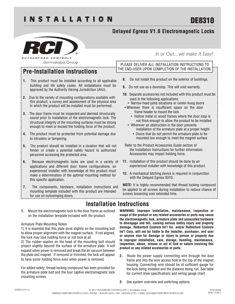 Page 1 de la notice Manuel utilisateur Dormakaba RCI DE8310