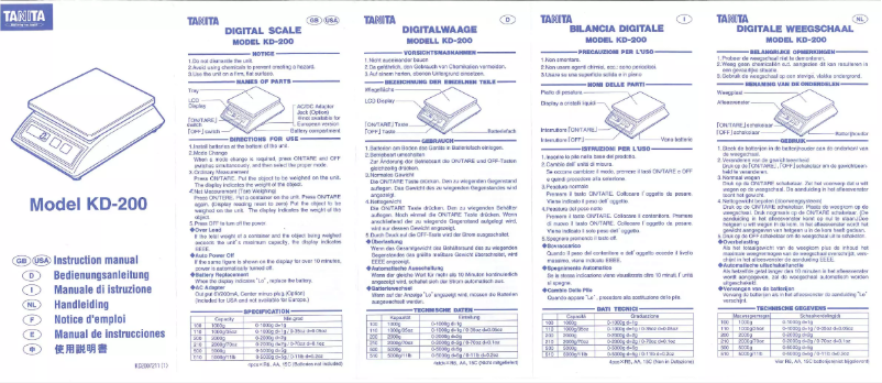 Page 1 de la notice Manuel utilisateur Tanita KD-200
