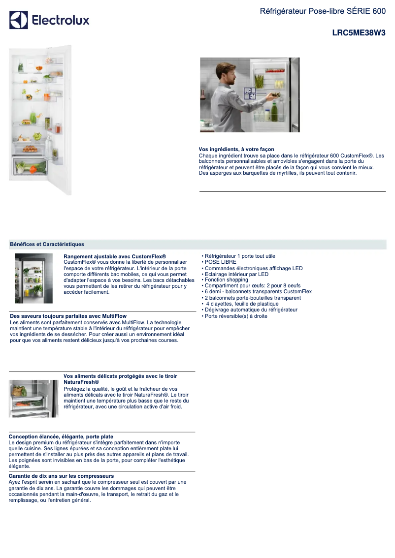 Page 1 de la notice Fiche technique Electrolux LRC5ME38W3