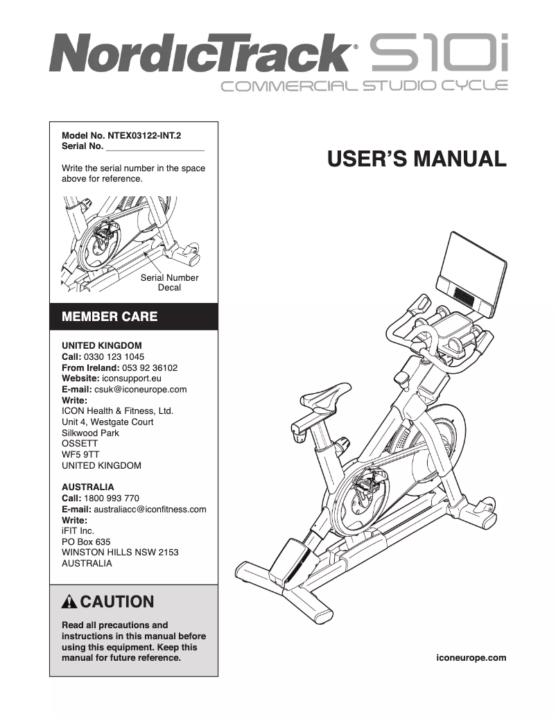 Image de la première page du manuel de l'appareil Commercial S10i Studio Cycle
