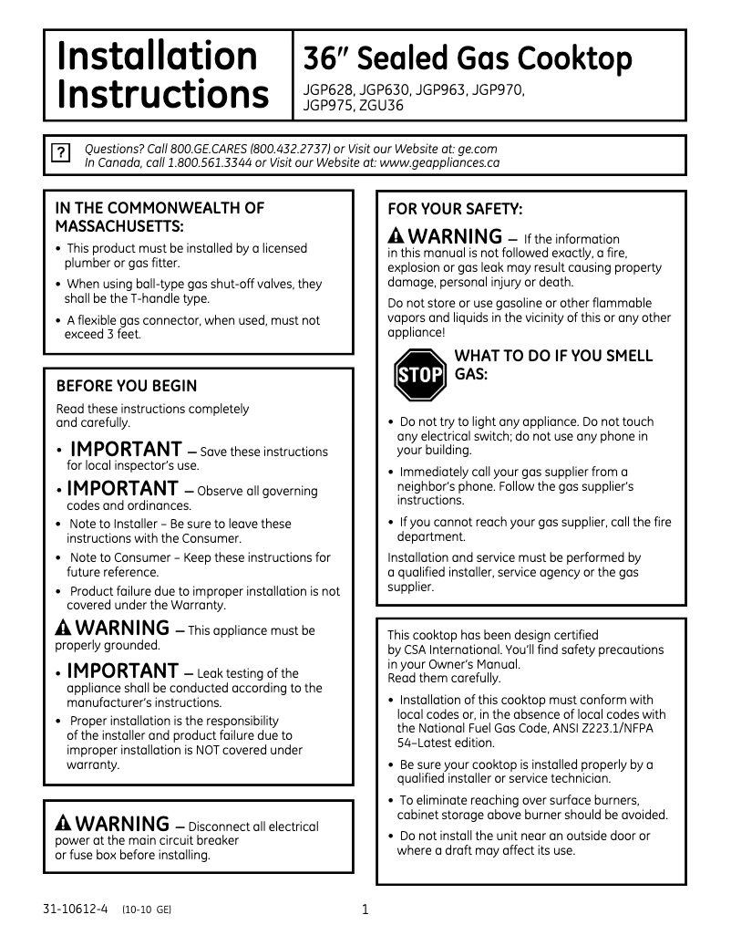 Page 1 de la notice Guide d'installation GE Profile JGP963WEKWW