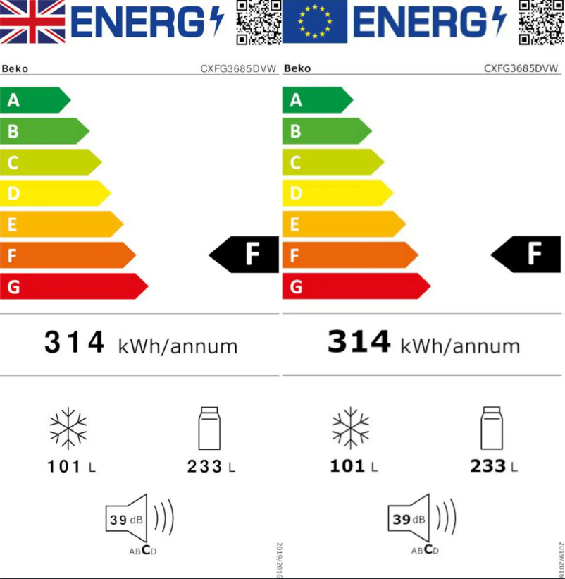 Page 1 de la notice Label énergétique Beko CXFG3685DV