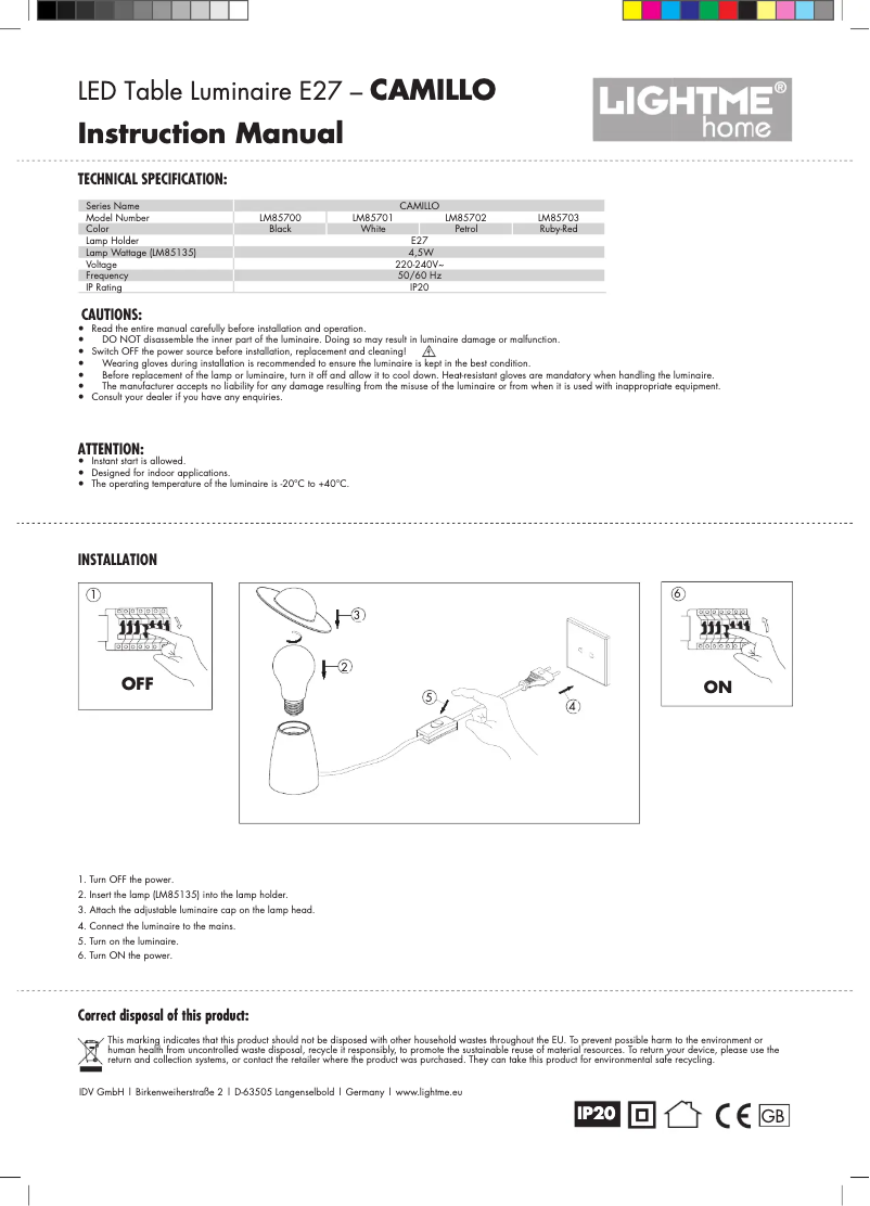Page 1 de la notice Manuel utilisateur LIGHTME Camillo