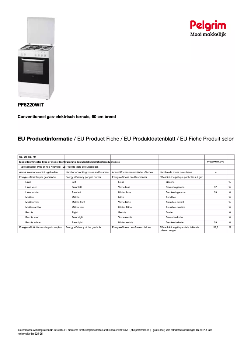 Página 1 del manual Ficha técnica Pelgrim PF6220WIT