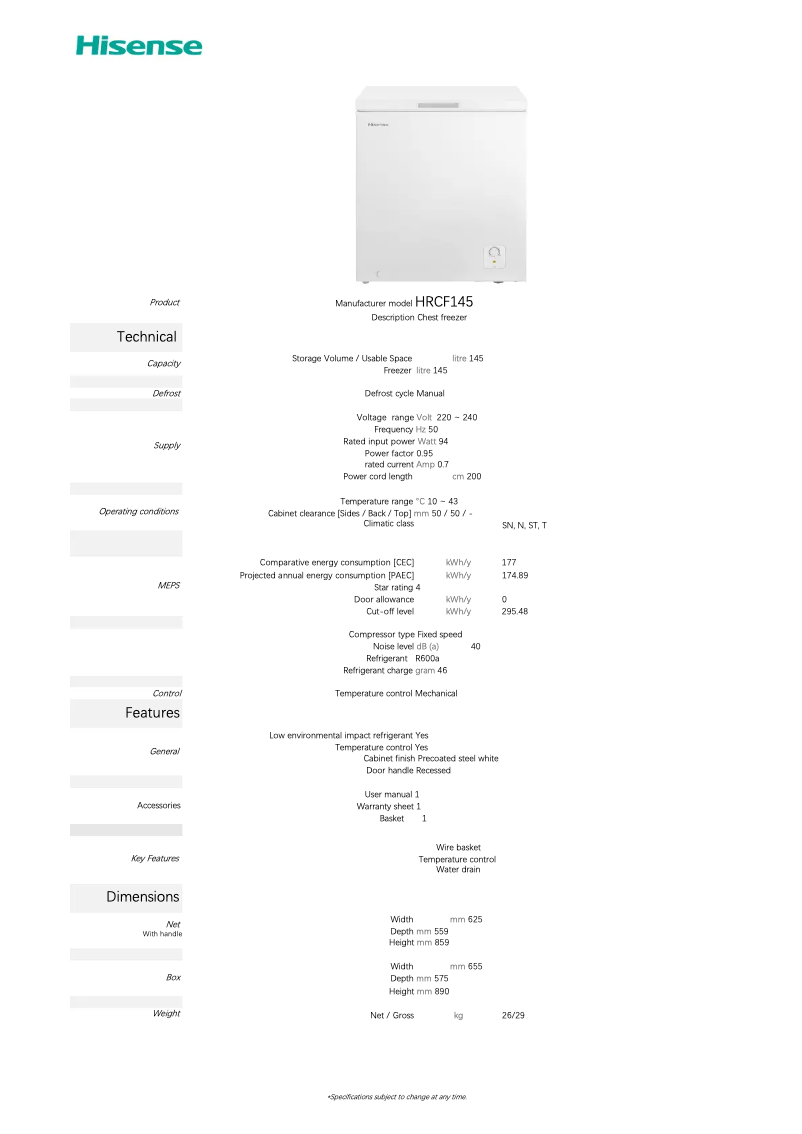 Page n°1 - Fiche technique Hisense HRCF145
