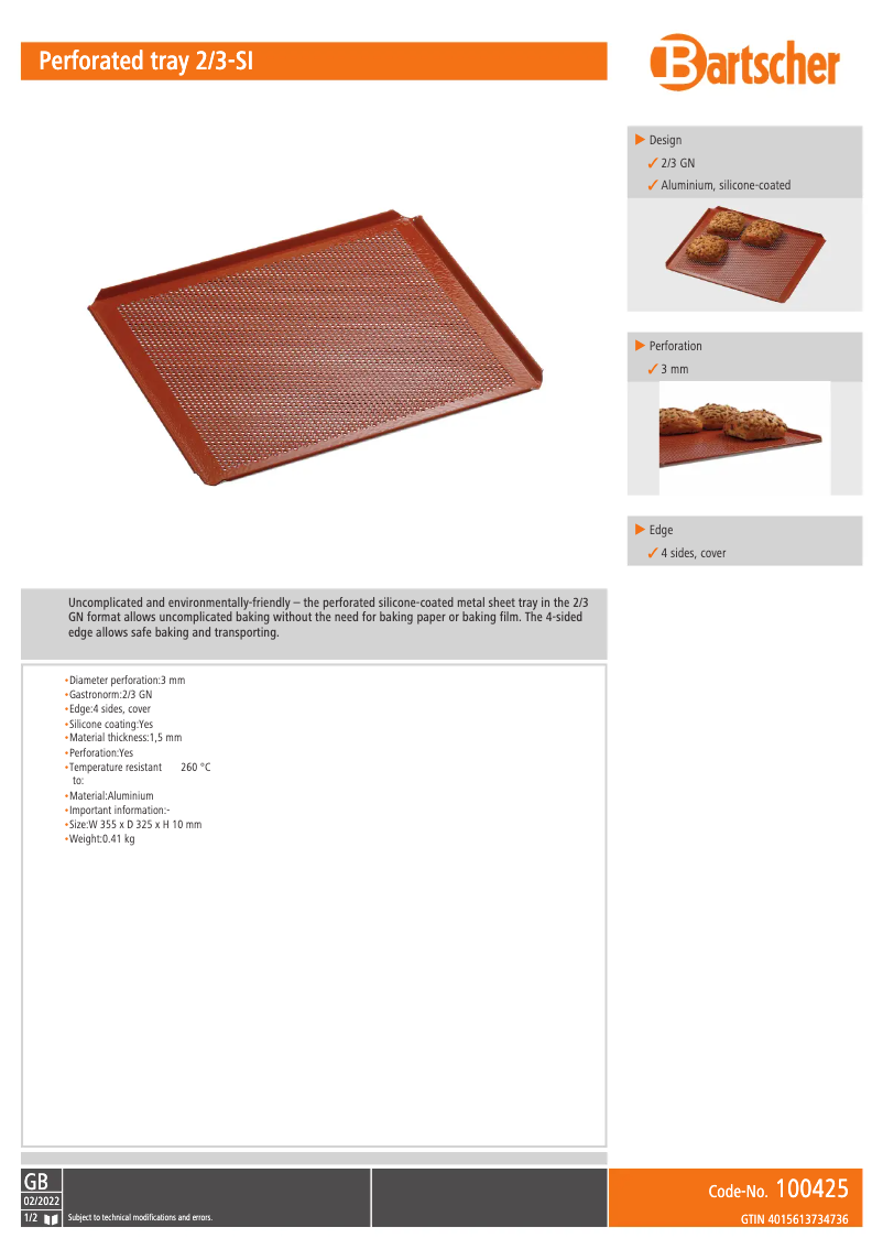 Page 1 de la notice Fiche technique Bartscher 100425