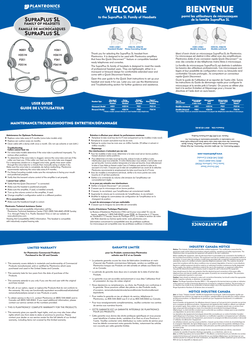 Page 1 de la notice Manuel utilisateur Plantronics H351 SupraPlus SL