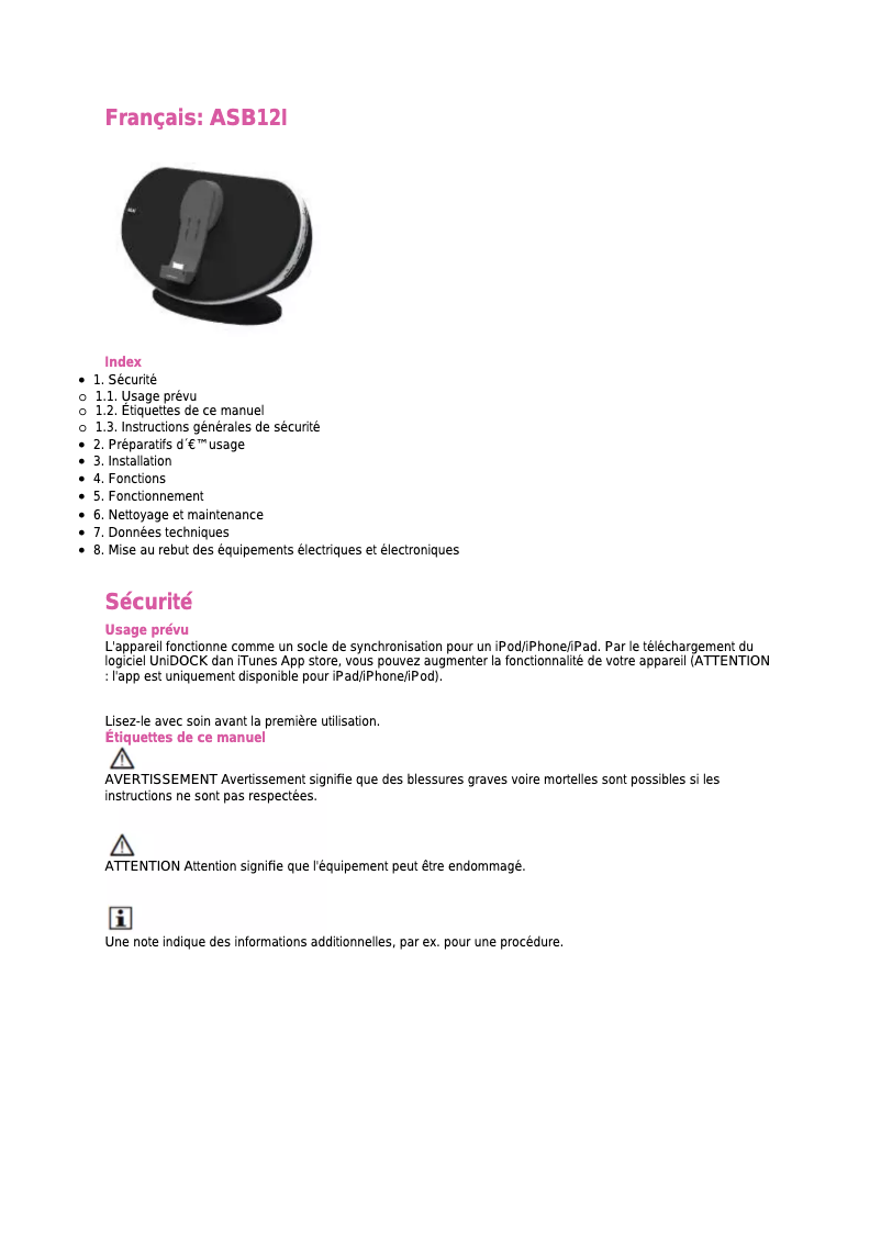 Page n°1 - Manuel utilisateur AKAI ASB12I