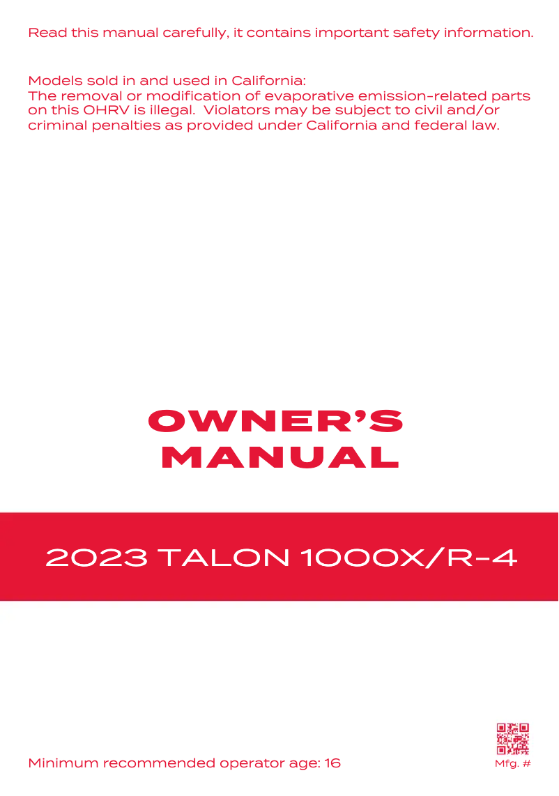 Page 1 of the manual User Manual Honda Talon 1000R-4 (2023)