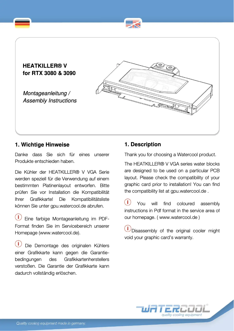 Page 1 de la notice Manuel utilisateur Watercool Heatkiller V