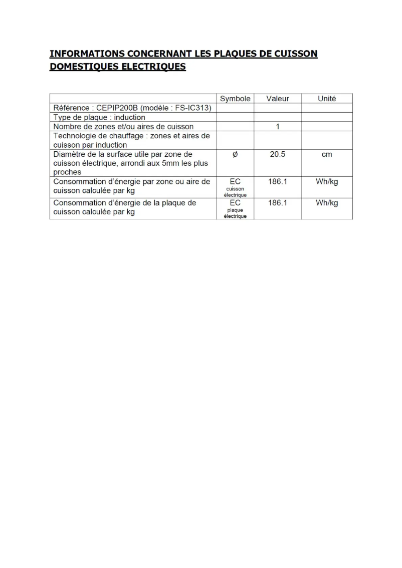 Page n°1 - Label énergétique Continental Edison CEPIP200B