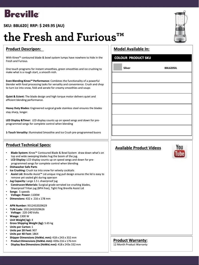 Image de la première page du manuel de l'appareil the Fresh & Furious BBL620