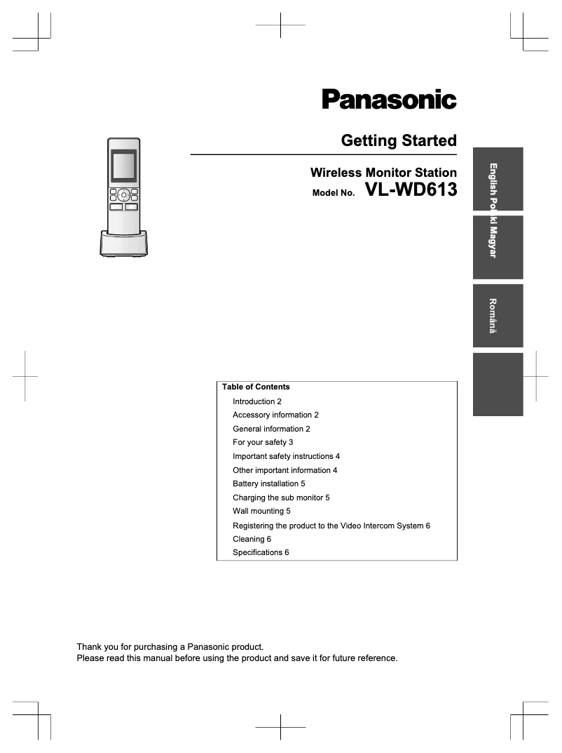 Page 1 de la notice Manuel utilisateur Panasonic VL-WD613