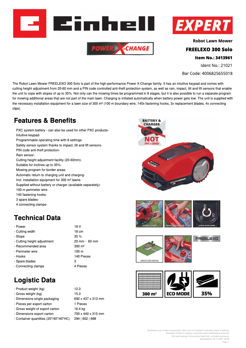 Page 1 de la notice Fiche technique Einhell FREELEXO 300 Solo
