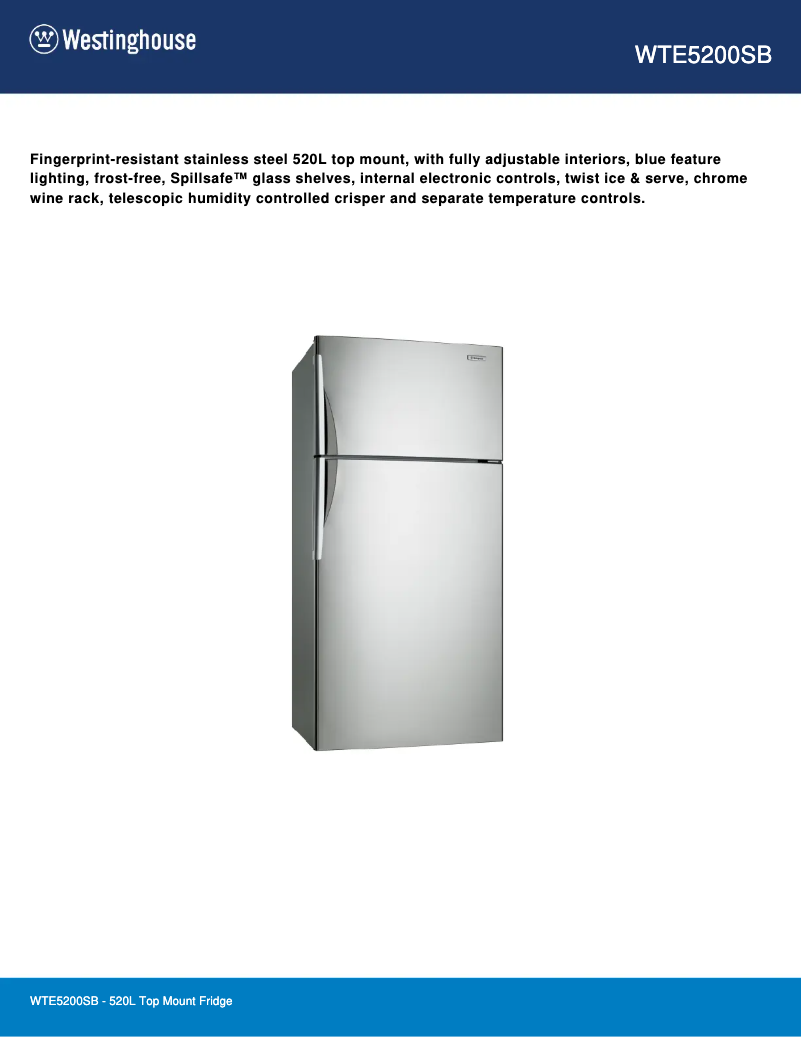 Page 1 de la notice Fiche technique Westinghouse WTE5200SB