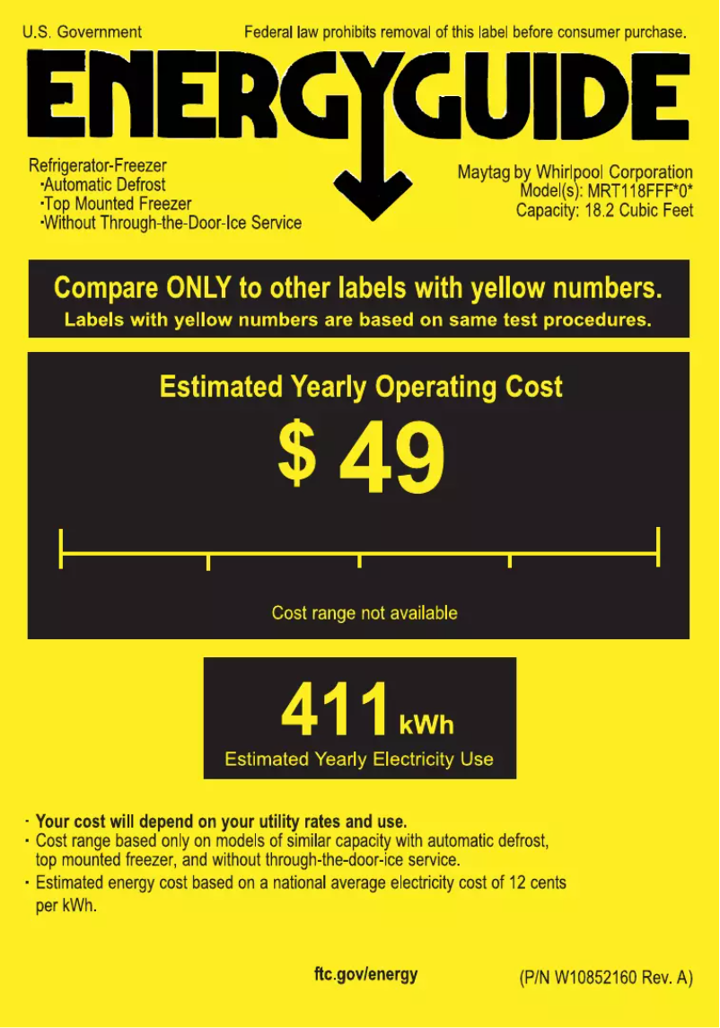 Page 1 de la notice Label énergétique Maytag MRT118FFFBK
