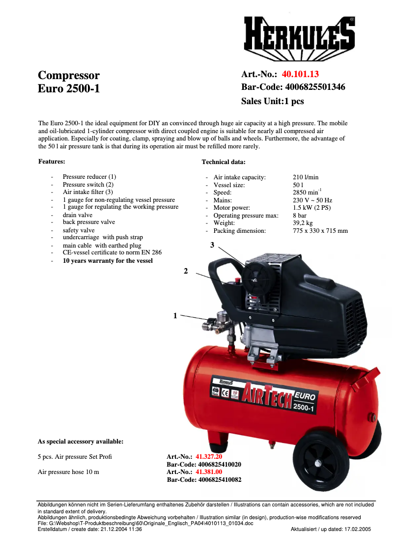 Page 1 de la notice Manuel utilisateur Herkules AIRTECH 2500/1