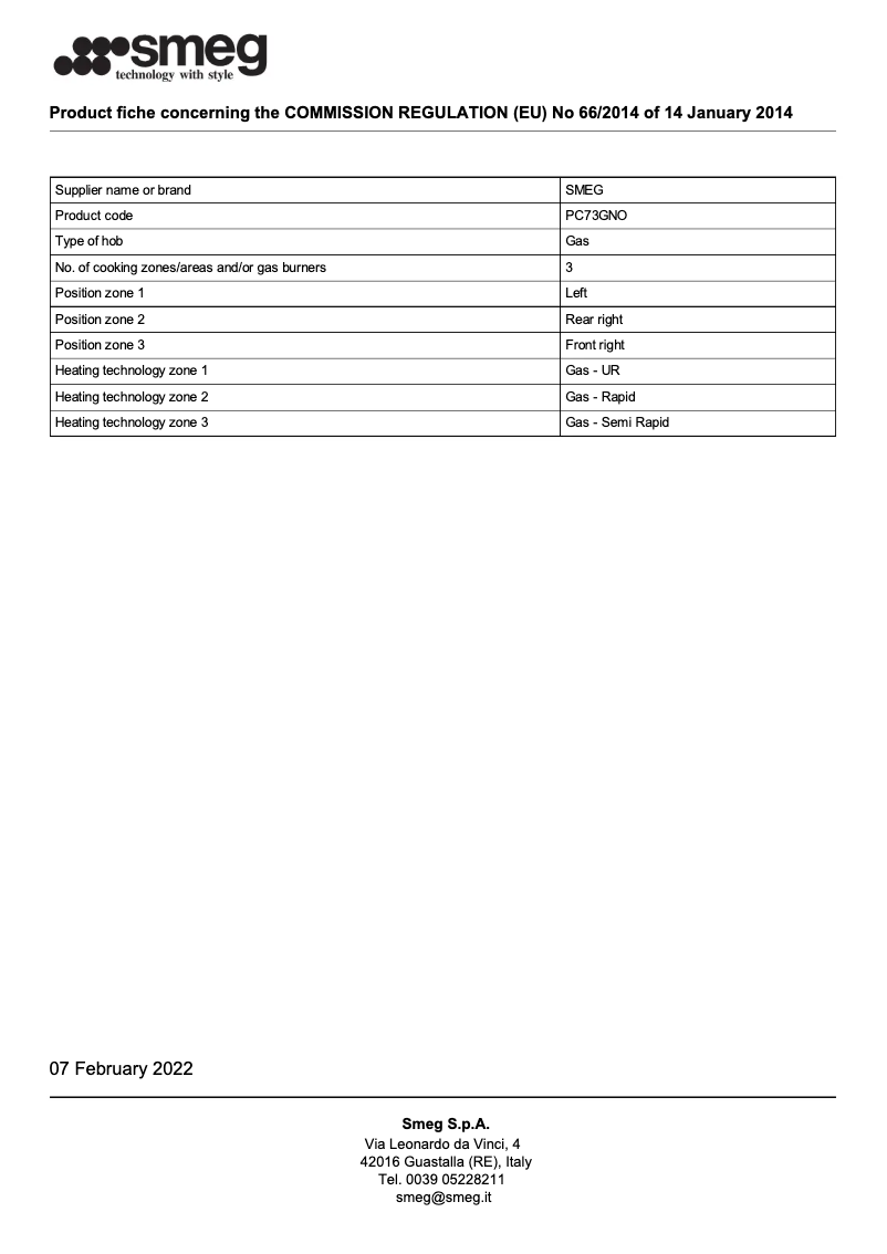Page 1 de la notice Brochure Smeg PC73GNO