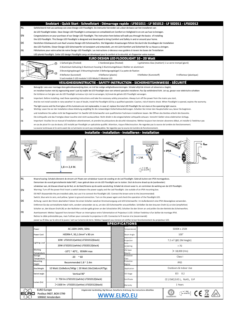Page 1 de la notice Manuel utilisateur Elro LF502012