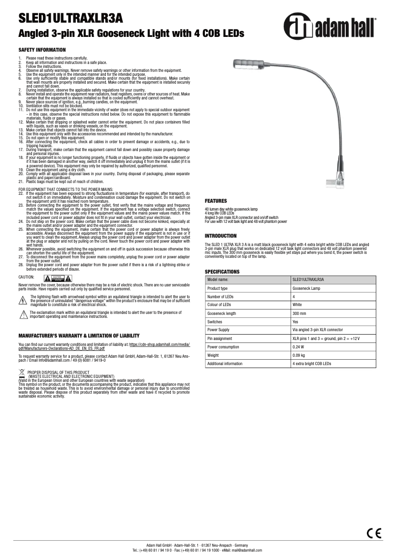 Page 1 de la notice Manuel utilisateur Adam Hall SLED1ULTRAXLR3A