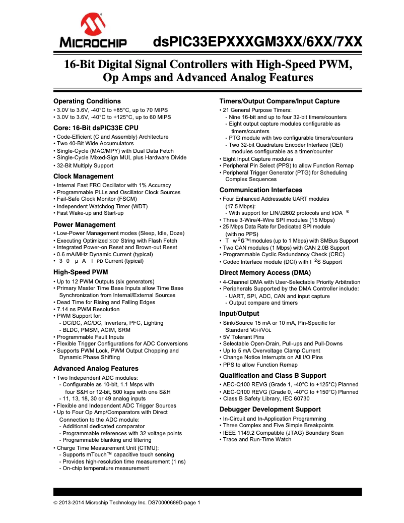 Page 1 de la notice Fiche technique Microchip dsPIC33EP128GM304