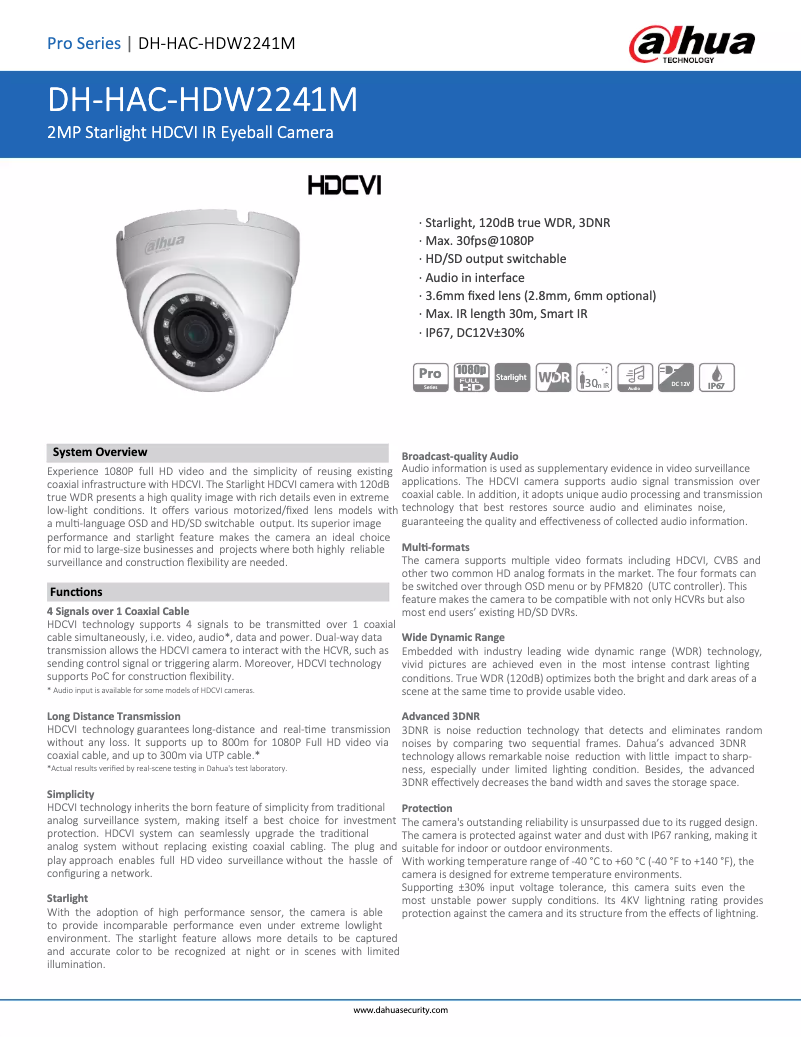 Page n°1 - Fiche technique Dahua Technology HAC-HDW2241M