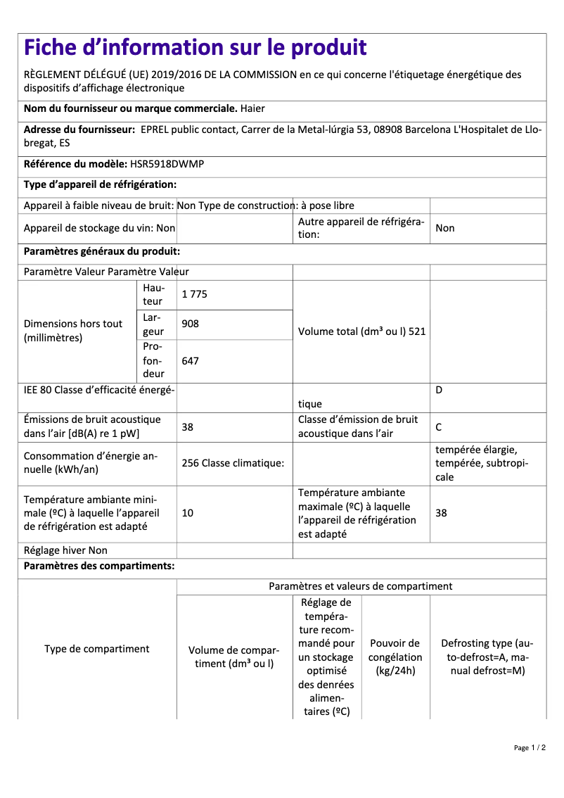 Page n°1 - Fiche technique Haier HSR5918DWMP