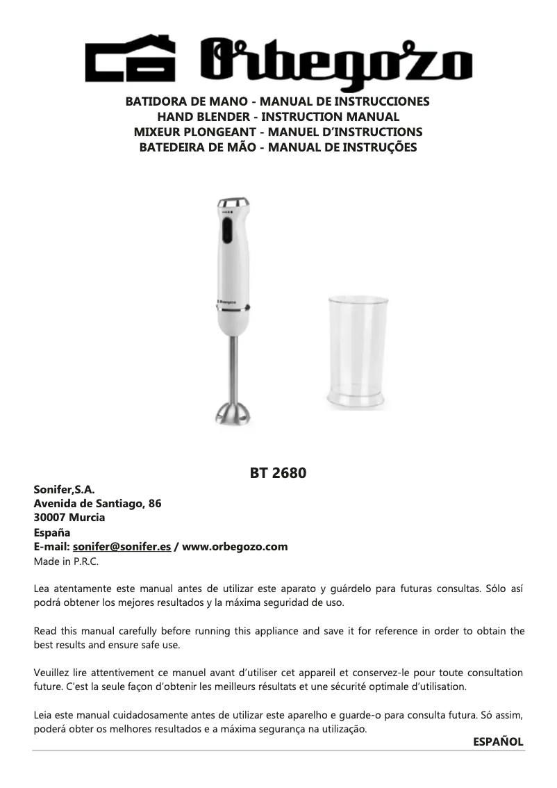 Page 1 de la notice Manuel utilisateur Orbegozo BT 2680