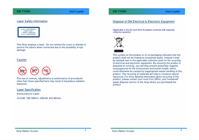Page n°1 - Manuel utilisateur Sony Optiarc AD-7740H