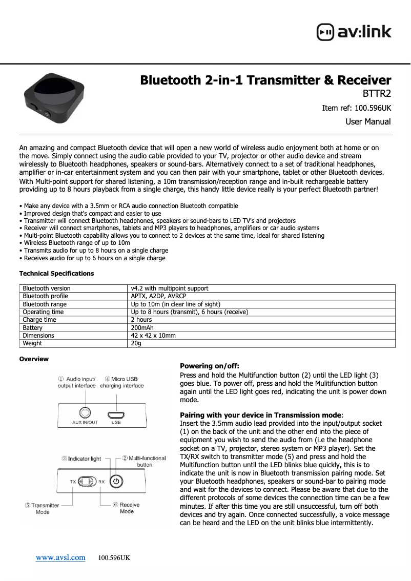 Page n°1 - Manuel utilisateur AV:link BTTR2