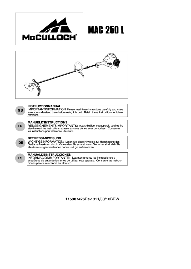 Page n°1 - Manuel utilisateur McCulloch MAC 250 L