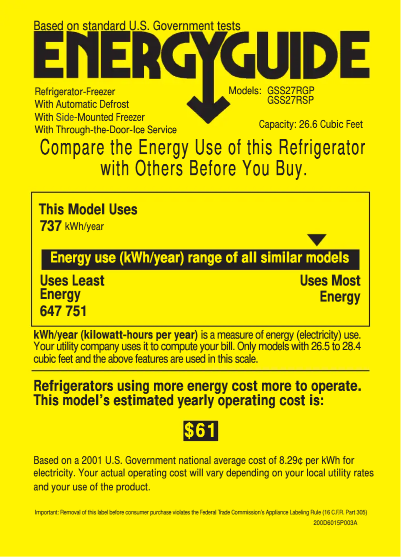 Page 1 de la notice Label énergétique GE GSS27RGPCC