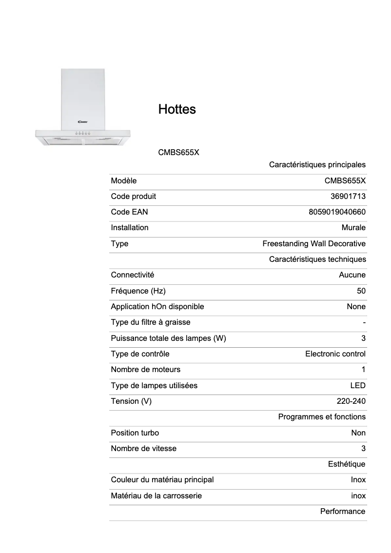Page n°1 - Fiche technique Candy CMBS655X