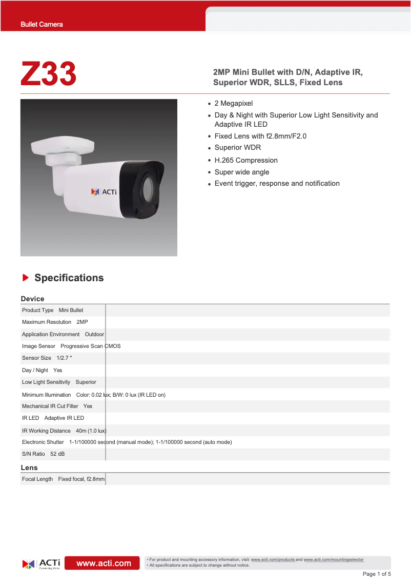 Page n°1 - Fiche technique ACTi Z33