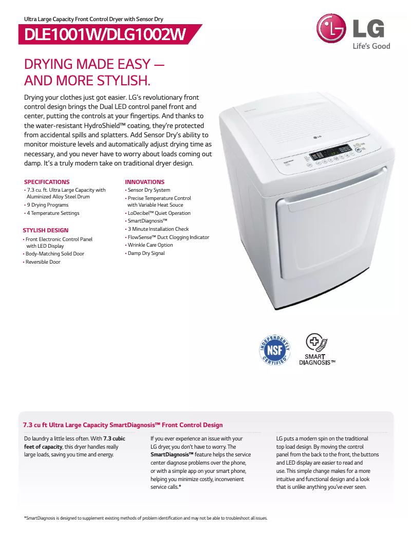 Page 1 de la notice Fiche technique LG DLE1001W