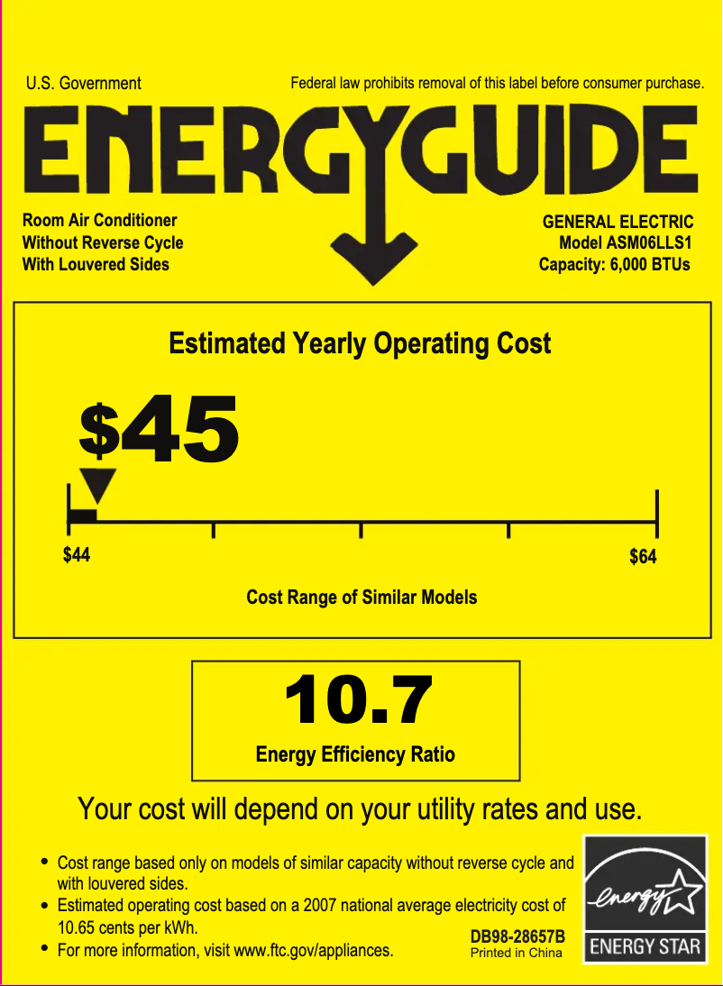 Page 1 de la notice Label énergétique GE ASM06LL